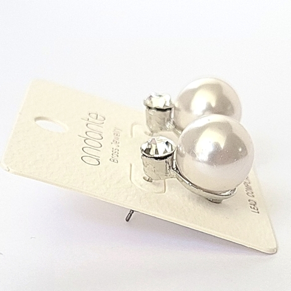 NEW! Andante Brand,Lab Created Faux Pearl & Crystal Stud Earrings in Silvertone - Picture 3 of 6